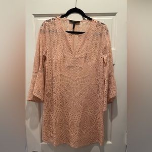 BCBG Max Azria blush pink lace mini dress with flutter sleeves